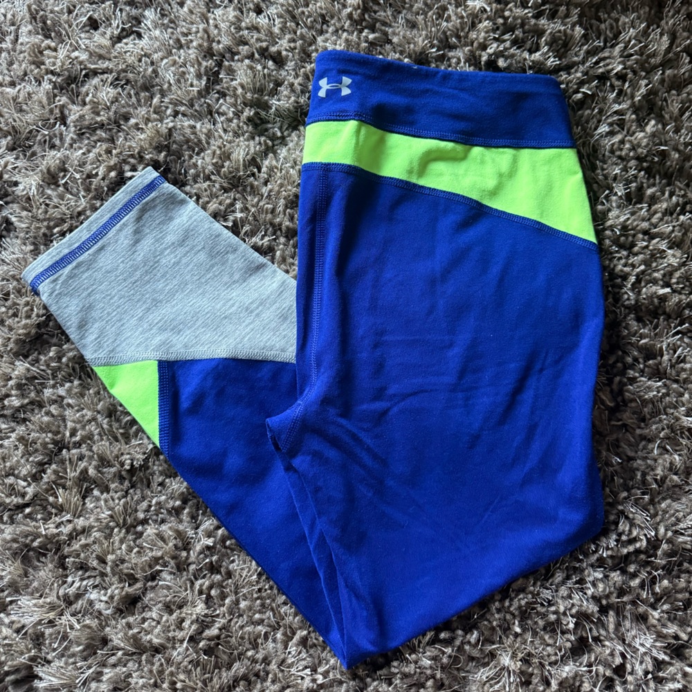Under Armour Vibrant Blue exercise Leggings with Green and Gray Accents